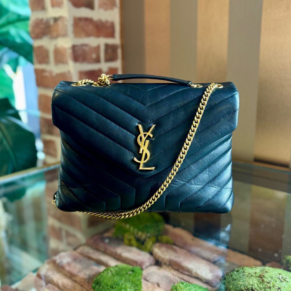 SAINT LAURENT Black Leather Chevron LouLou Shoulder Bag Gold HW Medium